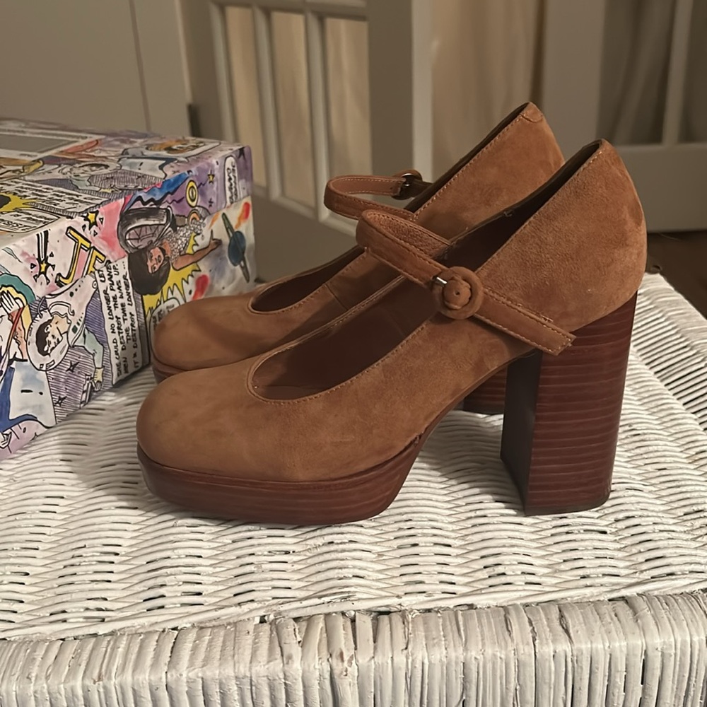 Mary-Anne Honey Brown Suede Platform Heels - Size Seven.